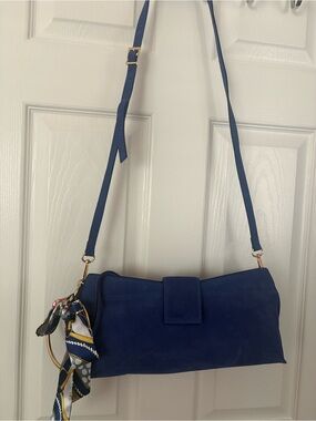 Blue Suede Shoulder Bag with Gold Ring Accent